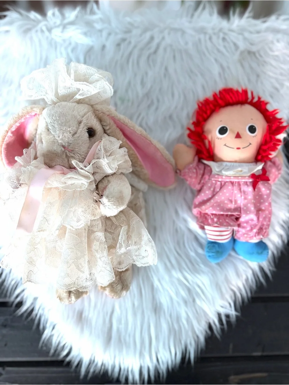 Vintage Plush Bunny in Ivory Lace Dress & Pink Rag Doll Pair - Soft Kids Toys